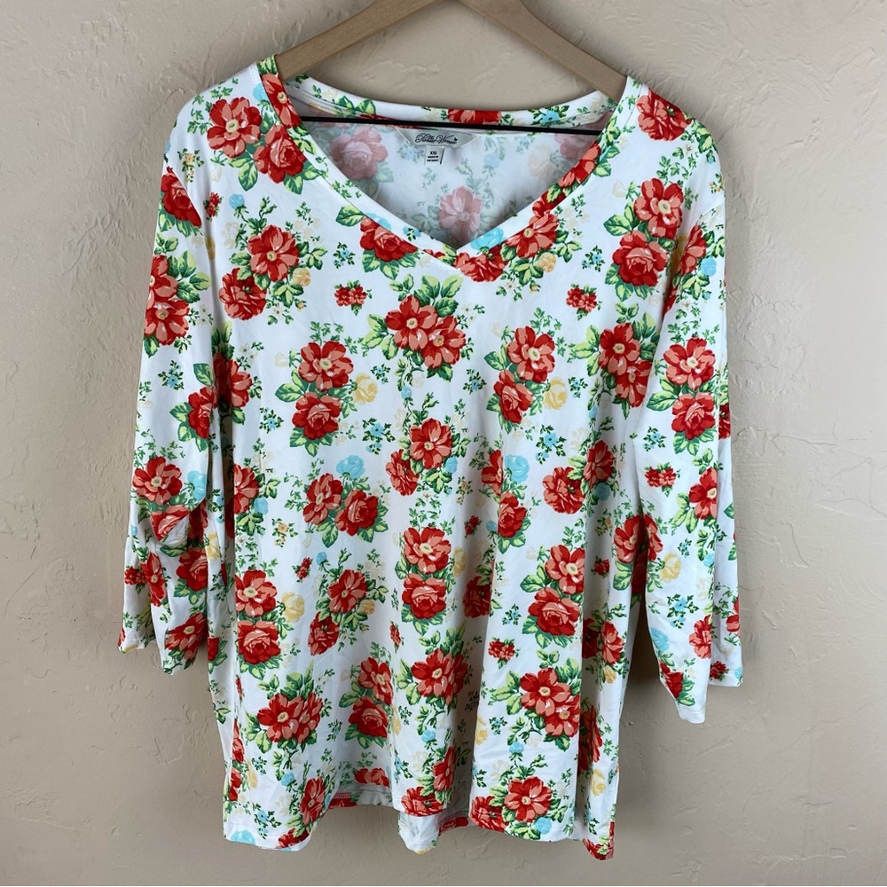 The Pioneer Woman cream floral v-neck 3/4 sleeve T-shirt top XXL